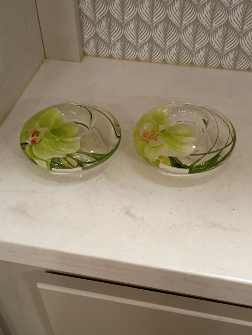 Glass Orchid Accent Bowl Pair - Green Floral